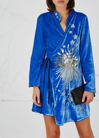 RIXO LONDON Iris embellished kimono wrap dress cornflower blue – oriental style party wear – evening luxe - flipped
