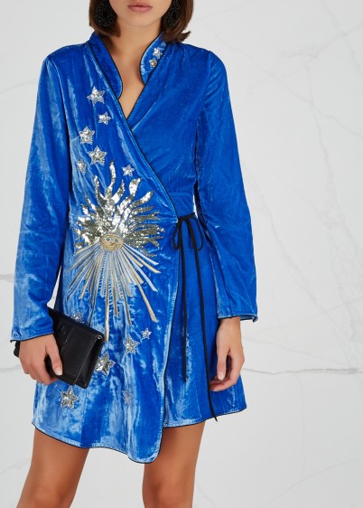 RIXO LONDON Iris embellished kimono wrap dress cornflower blue – oriental style party wear – evening luxe