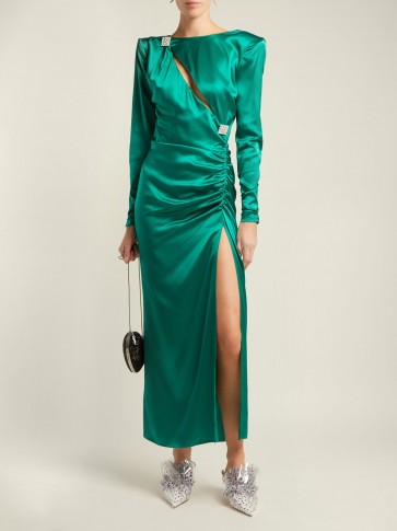 ALESSANDRA RICH Ruched crystal-embellished green silk-satin dress ~ vintage style glamour
