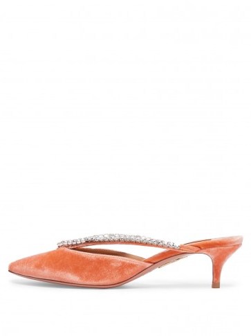 AQUAZZURA Sabine 45 peach-pink velvet mules – luxe kitten heels - flipped