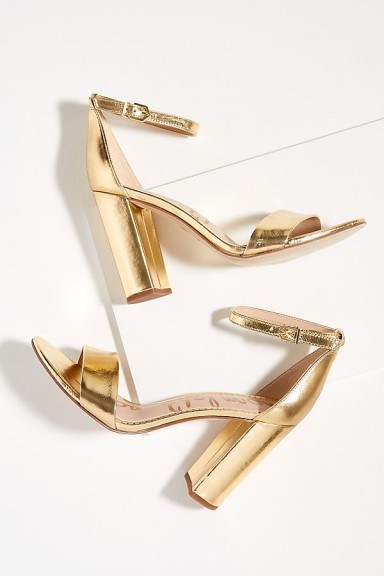 Sam Edelman Tura Metallic-Leather Block Heels Gold ~ glamorous party shoes - flipped