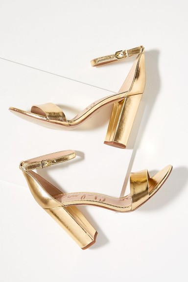 Sam Edelman Tura Metallic-Leather Block Heels Gold ~ glamorous party shoes