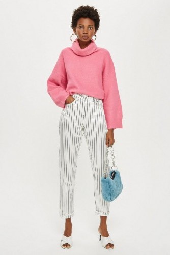 Topshop Sateen Side Striped Mom Jeans in White - flipped