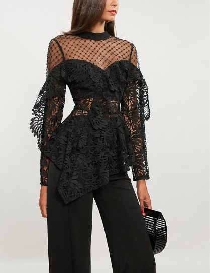 SELF-PORTRAIT Embellished-detail black lace top - flipped
