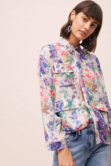Anthropologie Semmie Floral-Printed Silk Shirt | painterly prints - flipped