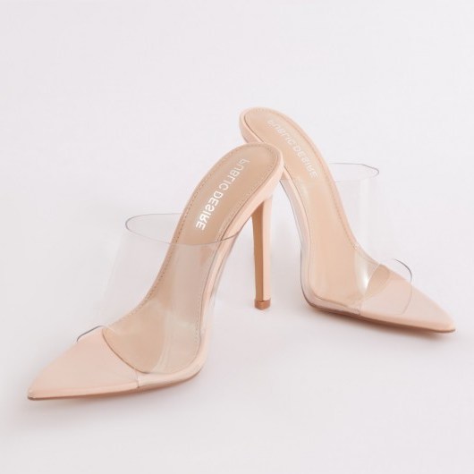 PUBLIC DESIRE SHOOK PERSPEX HEEL MULES IN NUDE – clear plastic front - flipped