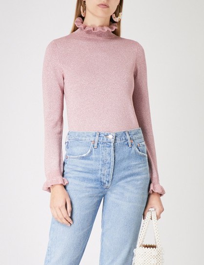 SHRIMPS Robin metallic pink wool-blend jumper – ruffle-edged knitwear - flipped