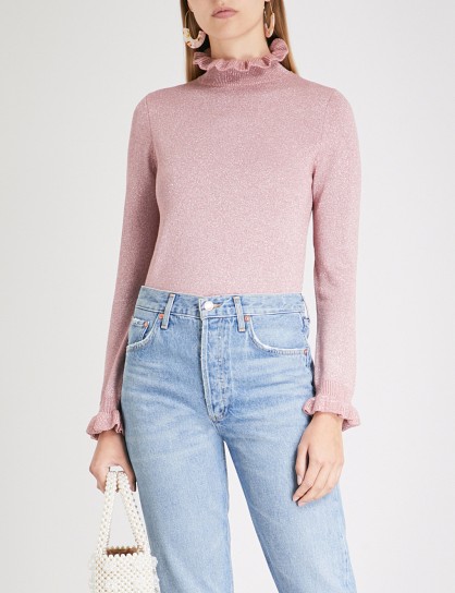SHRIMPS Robin metallic pink wool-blend jumper – ruffle-edged knitwear