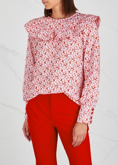 SHRIMPS Sinead floral-embroidered top ~ romantic ruffles and red roses