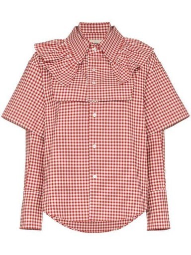SHUSHU/TONG double sleeve and ruffle gingham cotton shirt / red and white checks / ruffled neck - flipped