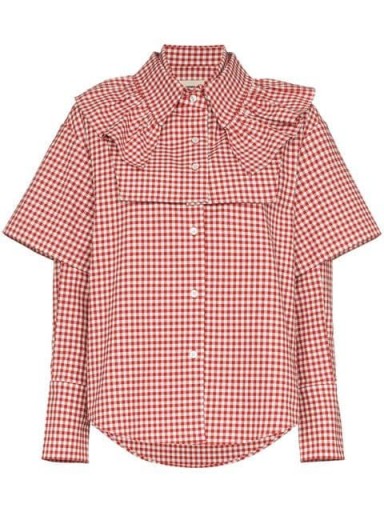 SHUSHU/TONG double sleeve and ruffle gingham cotton shirt / red and white checks / ruffled neck