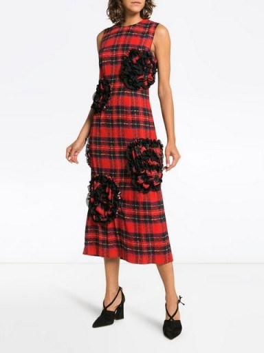 SIMONE ROCHA rose embroidered tartan midi dress / red and black checked fabric / bold floral applique - flipped