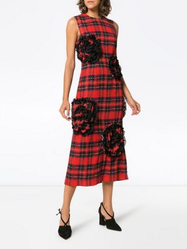 SIMONE ROCHA rose embroidered tartan midi dress / red and black checked fabric / bold floral applique