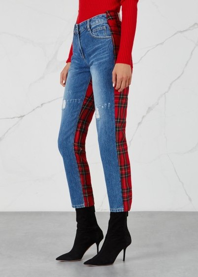 SJYP Blue plaid-panelled skinny jeans | red tartan and denim skinnies - flipped