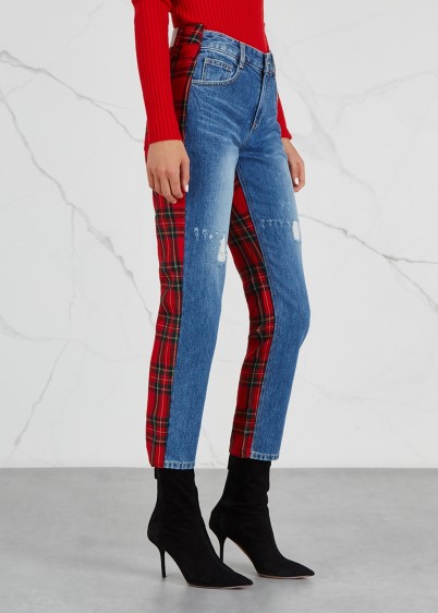 SJYP Blue plaid-panelled skinny jeans | red tartan and denim skinnies