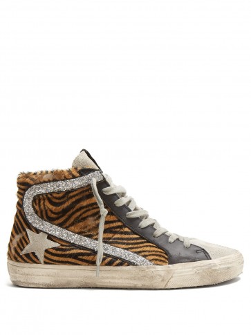 GOLDEN GOOSE DELUXE BRAND Slide high-top leather trainers with silver glitter panel ~ animal prints ~ glamorous luxe sneakers