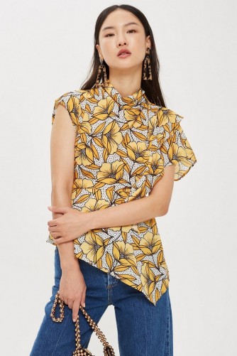 TOPSHOP Spot and Yellow Floral Print Ruffle Blouse / open back / one sleeve / high neck / asymmetric in design