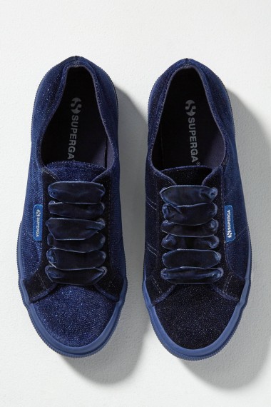 Superga Velvet Glitter Trainers in Navy | blue sneakers | sports luxe footwear