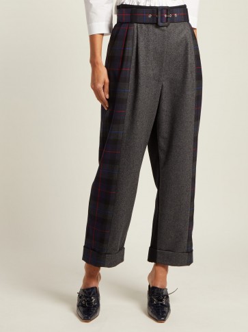 ISA ARFEN Tartan-panelled grey wool wide-leg trousers