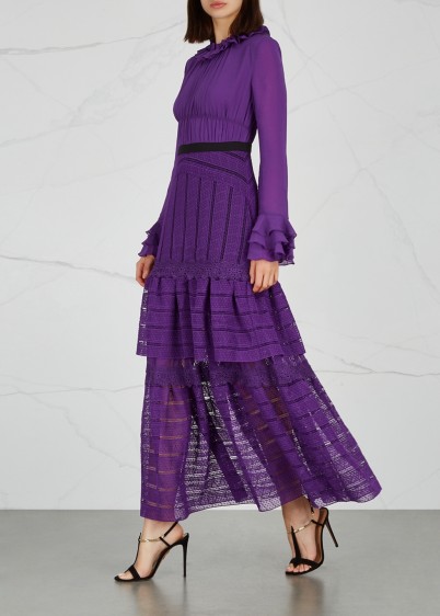 THREE FLOOR Ultralicious purple guipure lace gown – romantic tiered maxi