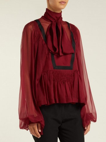 ROCHAS Tie-neck burgundy silk-chiffon blouse – semi sheer blouson top