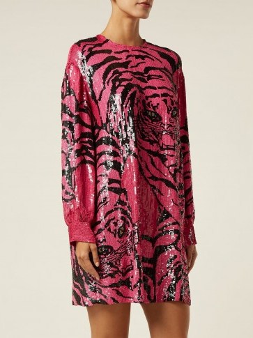 VALENTINO Hot-Pink Tiger sequin-embellished silk-chiffon mini dress - flipped