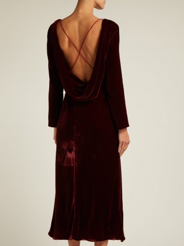 SALONI Tina boat-neck burgundy velvet dress ~ draped back