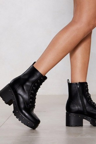 Nasty Gal Total Stud Chunky Boot Black – studded platform lace-up boots - flipped