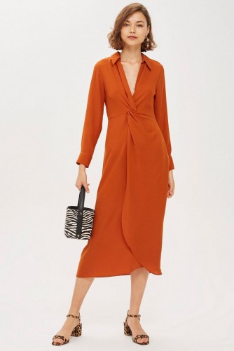 Topshop Twist Front Midi Dress in Cinnamon | deep V-neckline | autumn colours