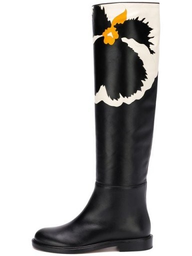 VALENTINO black floral knee high flat leather boots - flipped