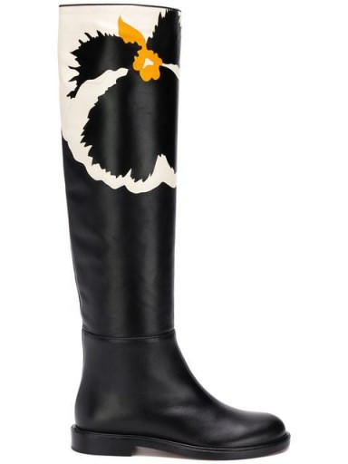 VALENTINO black floral knee high flat leather boots