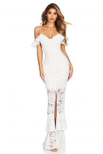 Nookie Luna Lace Gown in White | occasion glamour | cold shoulder maxi - flipped