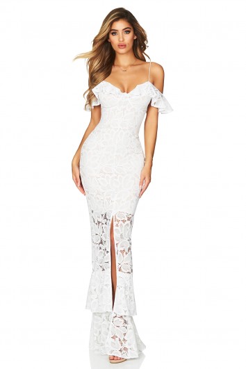 Nookie Luna Lace Gown in White | occasion glamour | cold shoulder maxi