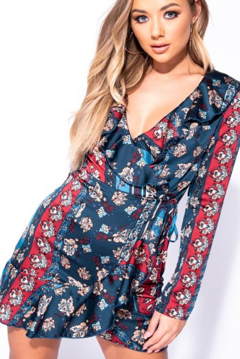 PARISIAN WINE TEAL FLORAL SCARF PRINT FRILL DETAIL WRAP FRONT MINI DRESS | plunging neckline frock