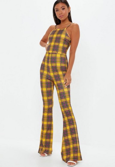 MISSGUIDED yellow check 90s neck kick flare jumpsuit / tartan prints