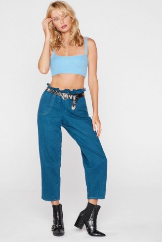 Nasty Gal After Party Vintage Better Paperbag These Denim Pants in teal / cropped jeans / 80s retro fashion