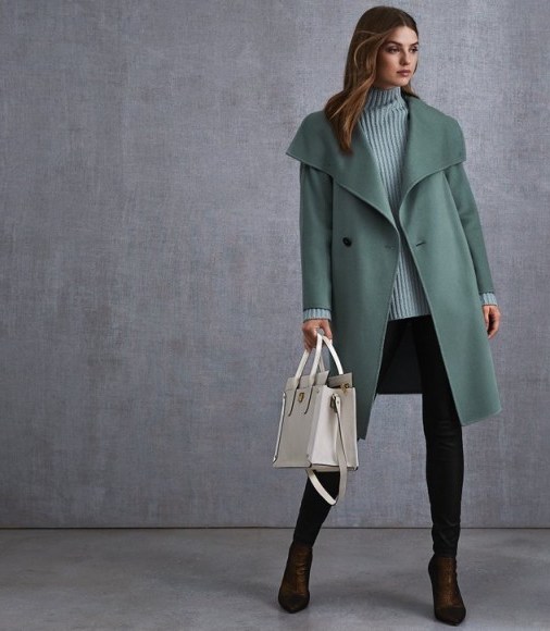 REISS ANTONIA WRAP COLLAR COAT DUCK EGG ~ luxe outerwear ~ wide lapel winter coats - flipped
