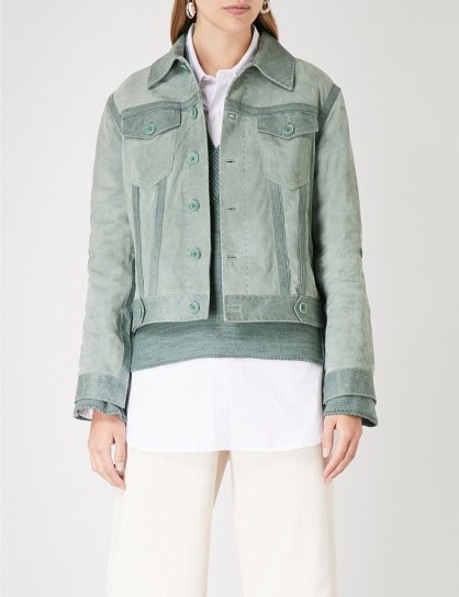 ARJE Peaked collar suede jacket Eucalyptus / luxury casual outerwear - flipped
