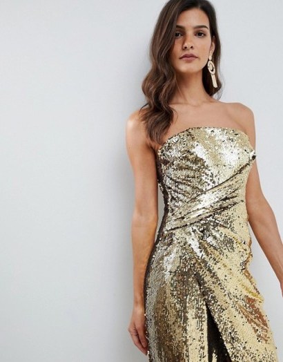 ASOS DESIGN bandeau maxi dress in allover sequin in gold. METALLIC GLAMOUR - flipped
