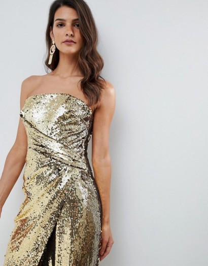 ASOS DESIGN bandeau maxi dress in allover sequin in gold. METALLIC GLAMOUR
