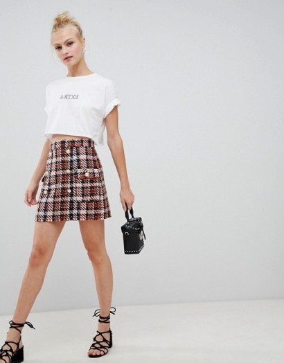 ASOS DESIGN boucle check double breasted mini skirt with pearl buttons / modern tweed - flipped