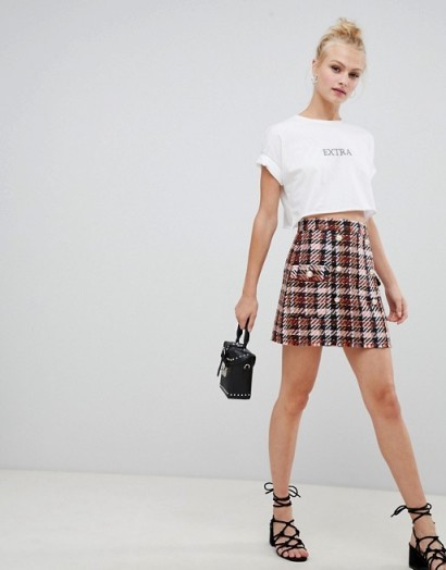 ASOS DESIGN boucle check double breasted mini skirt with pearl buttons / modern tweed