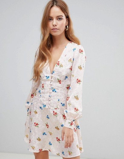 ASOS DESIGN button through mini tea dress in floral jacquard | pretty deep V-neckline frock