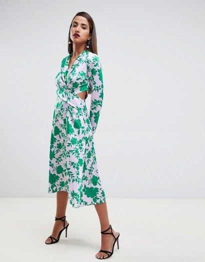 ASOS DESIGN collar midi tea dress in floral | green cut-out frock | crossover design - flipped