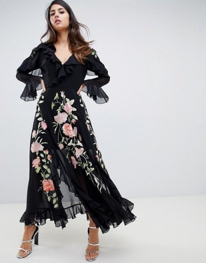 ASOS DESIGN Embroidered Wrap Maxi Dress in Black | flowing ruffle trimmed party frock - flipped