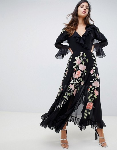 ASOS DESIGN Embroidered Wrap Maxi Dress in Black | flowing ruffle trimmed party frock