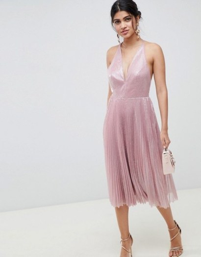 ASOS DESIGN midi dress in pleated sequin soft pink. - flipped