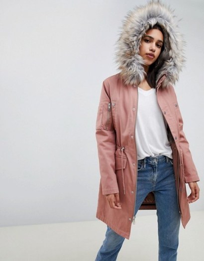 ASOS DESIGN parka with detachable faux fur liner in pink | drawstring wiast - flipped