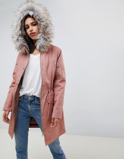 ASOS DESIGN parka with detachable faux fur liner in pink | drawstring wiast