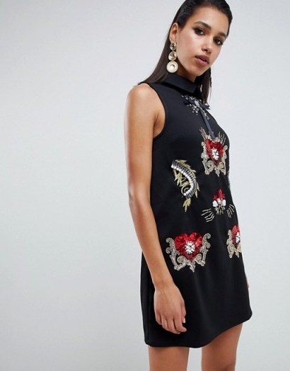 ASOS DESIGN Black Scuba Mini Dress with Heart Embellishment / beads and sequins / lbd - flipped